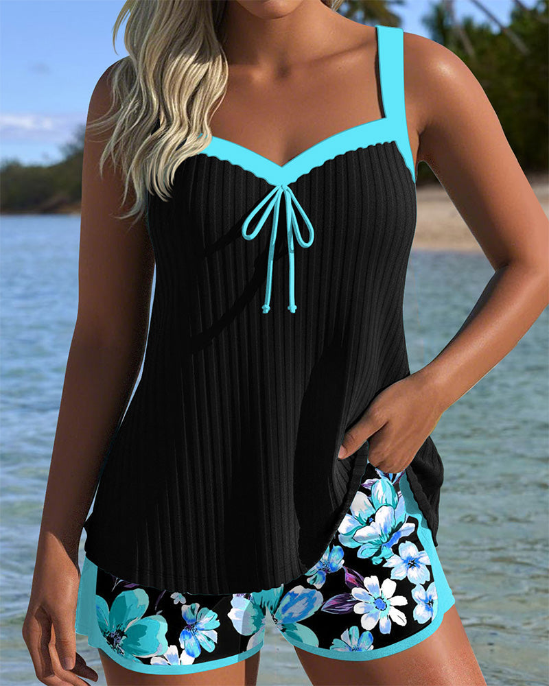 Tankini Col En V Imprimé Boxer De Sport