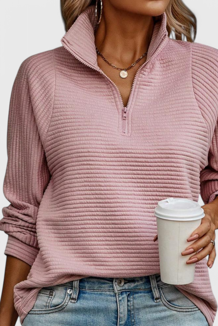 Helene Jersey de Cuello en V con Cremallera y Manga Larga