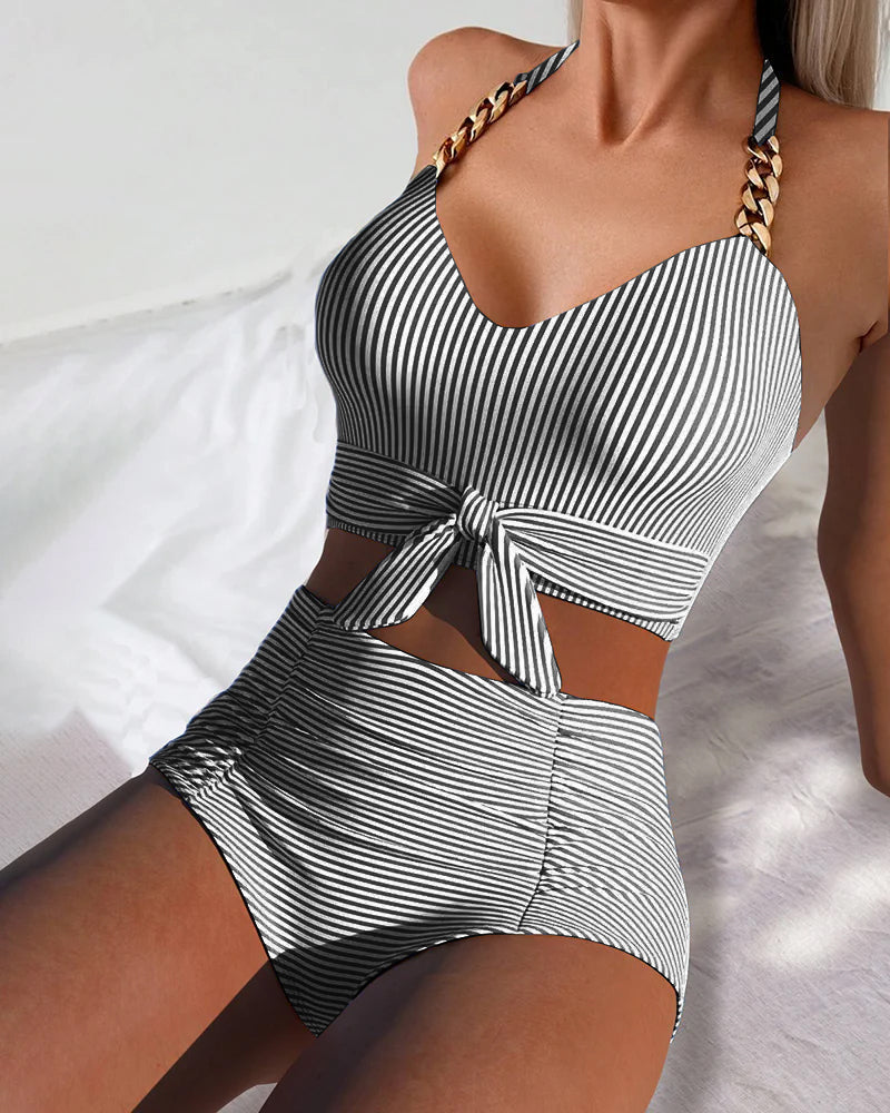 Maillot De Bain Haute Taille Rayé Deux-Pièces Triangle