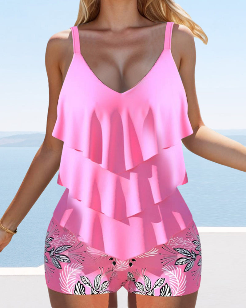 Tankini imprimé à bretelles et volants