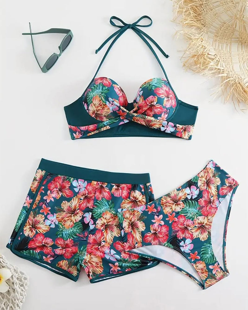 Maillot de bain décontracté imprimé floral short trois pièces