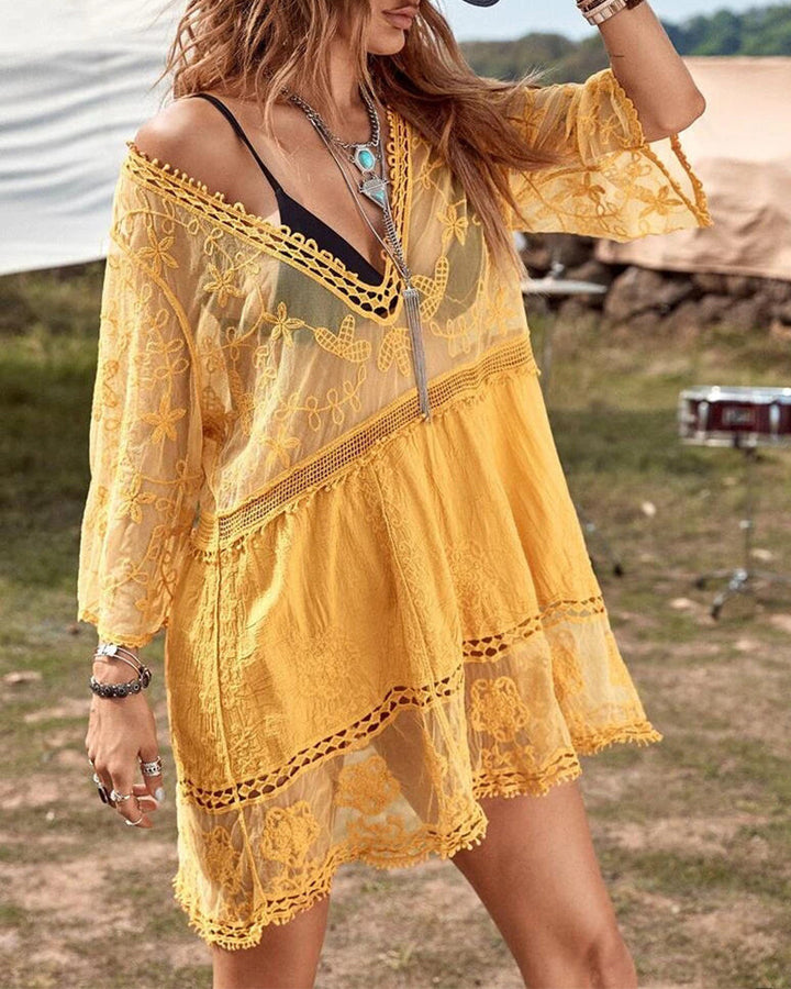 Smock V-Neck Brodé En Dentelle
