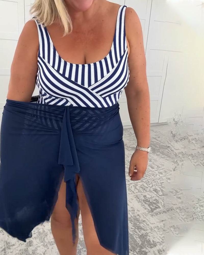 Ensemble Maillot de Bain à Encolure U Rayé Une Pièce