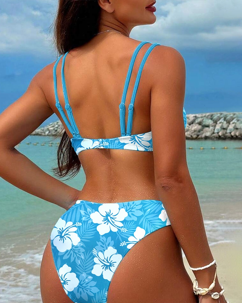 Maillot de bain Deux-pièces Bretelles doubles Triangle imprimé