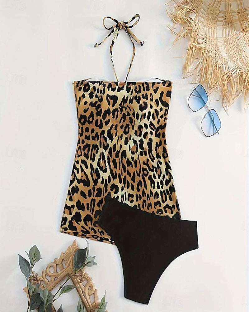 Tankini Dos Nu Encolure A-Ligne Imprimé Léopard Triangle