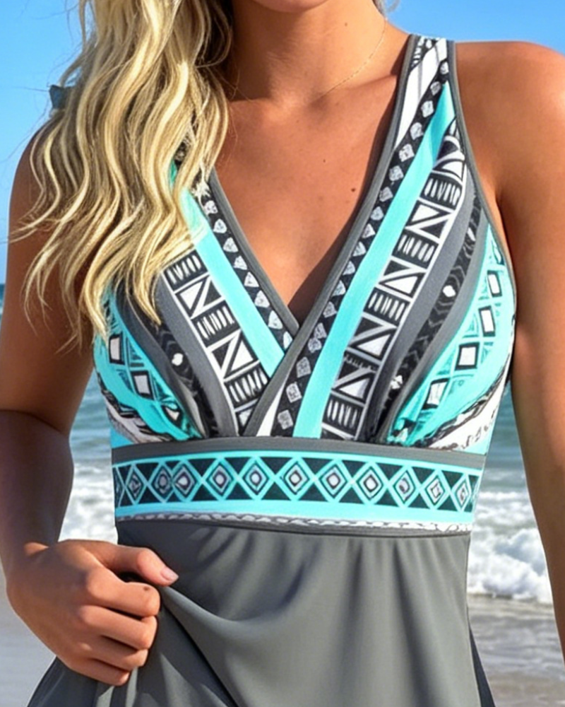 Swimdress Sans Manches Col V Géométrique Imprimé