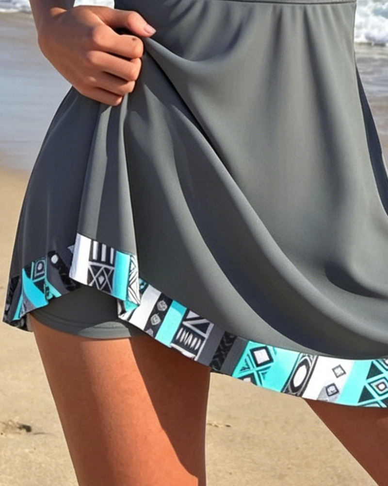 Swimdress Sans Manches Col V Géométrique Imprimé
